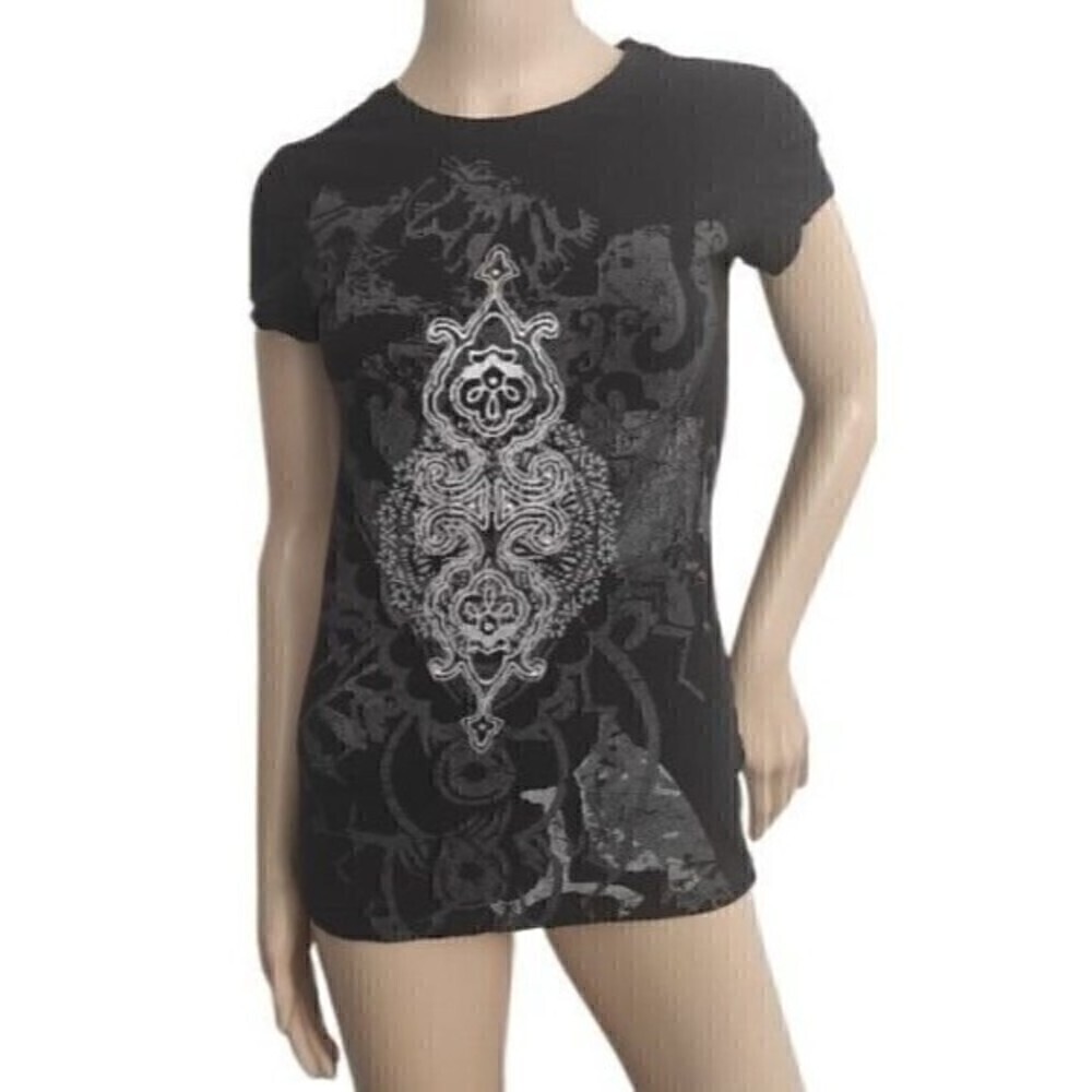 Eco Yoga Prints T-shirt Women Black Silver Top SM. Sustainable Organic Clothing